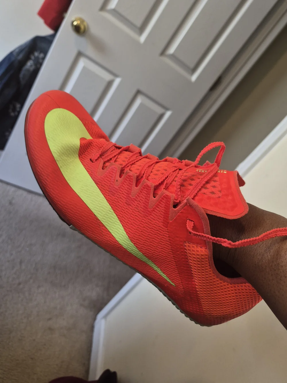 Nike Men's Red Track Cleats with Neon Green Swoosh